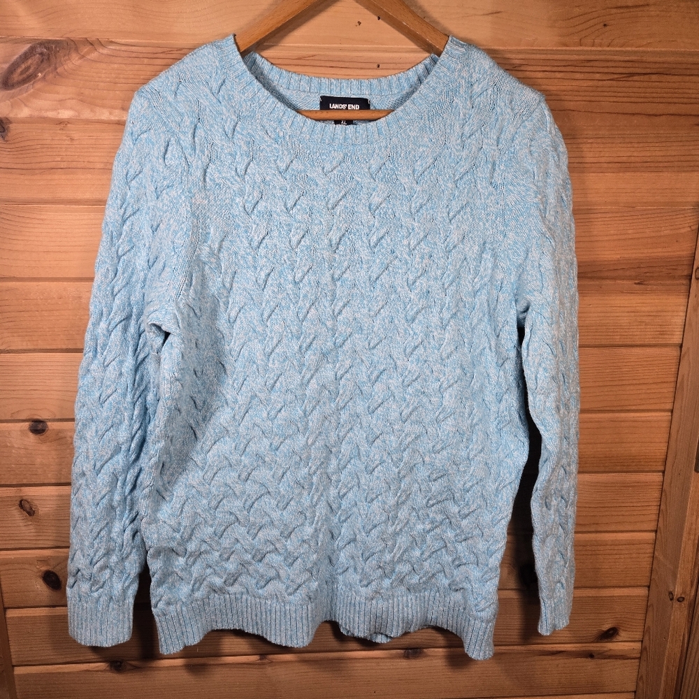 Lands End Drifter Cable Knit Sweater Cotton Light Blue Womens XL Pullover
